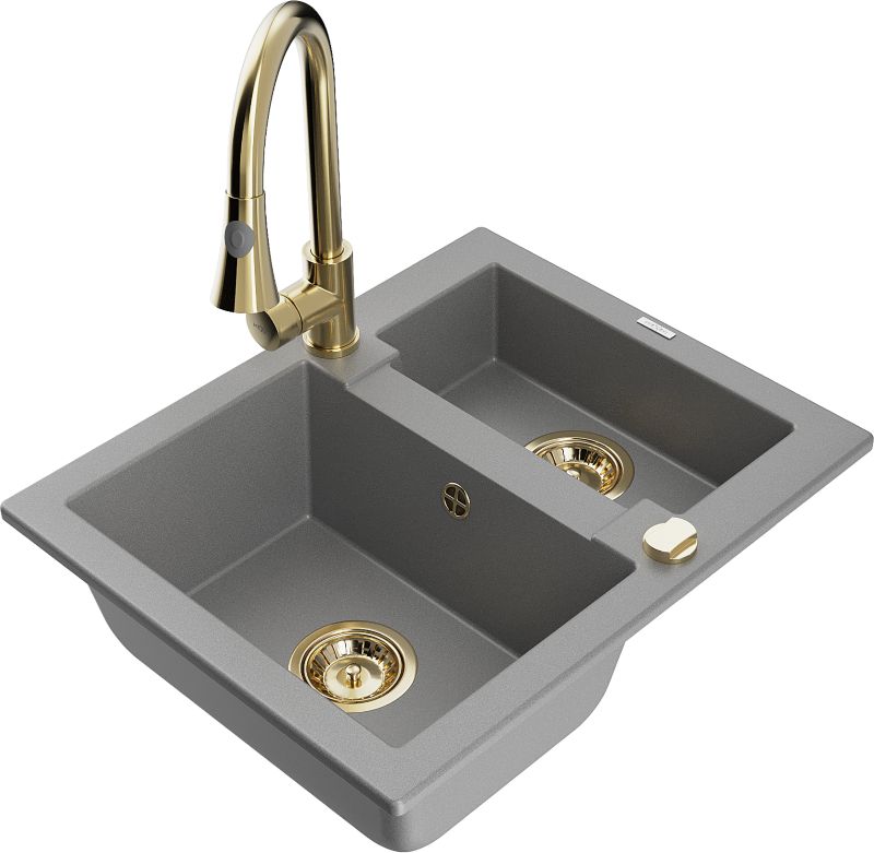 Zlewozmywak granitowy Mexen Carlos 1,5-komorowy z baterią kuchenną Elia szary 6518-71-670101-50