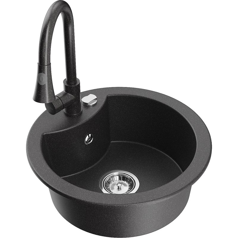 Zlewozmywak granitowy 1-komorowy Mexen Diego z baterią kuchenną Elia czarny nakrapiany - 6512-76-670101-50 1 szt.