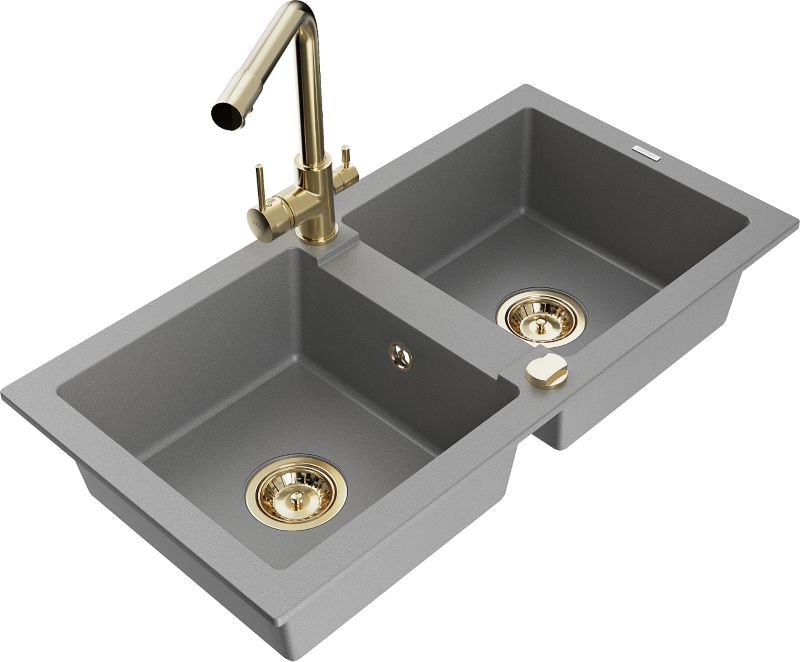 Zlewozmywak granitowy Mexen Mario 2-komorowy z baterią kuchenną Duero szary 6504-71-671600-50