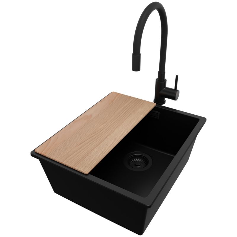 Zlewozmywak Granitowy Londyn Slim PRIMAGRAN Nablatowy 41x47cm do szafki od 45cm z Syfonem i Baterią i Dodatkiem Cały Czarny 1 szt.