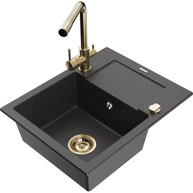 Zlewozmywak granitowy 1-komorowy Mexen Enzo z ociekaczem i baterią kuchenną Duero czarny nakrapiany 6506-76-671600-50