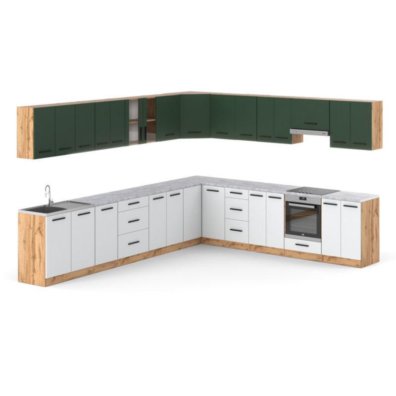Zestaw Kuchenny Hurtownia-Mebli Z Blatem Kuchnia narożna Rossa 680cm Dąb Wotan Butelkowa Zieleń/Biały Mat 680x47x145 cm 1szt.