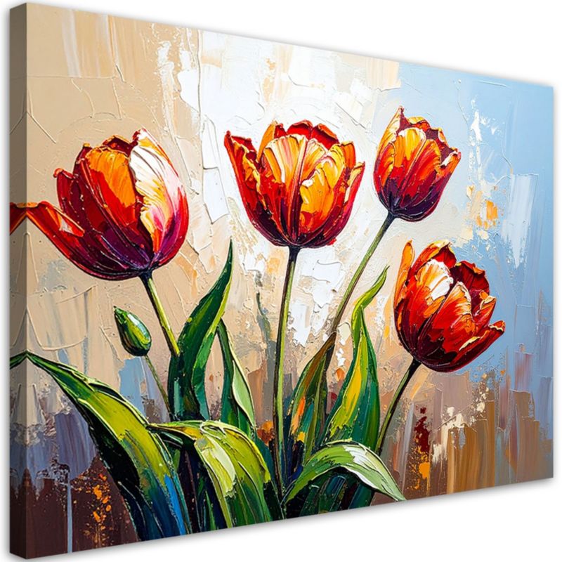 Obraz dekoracja Feeby Czerwone Kwiaty Tulipany na beżowym tle imitacja farby 120x80cm 1szt