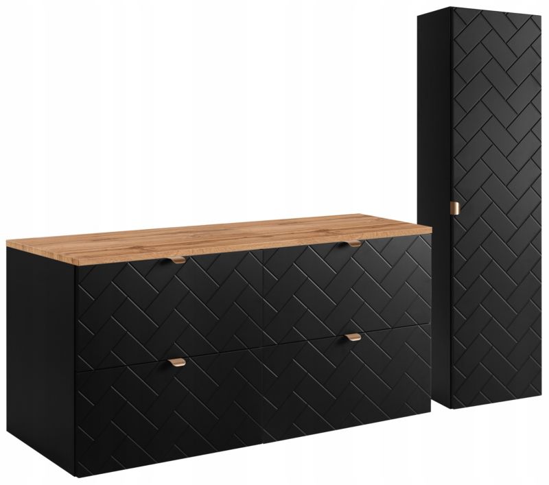 Zestaw mebli łazienkowych Furnidea czarny 120 cm szafka pod umywalkę blat dąb wotan słupek ryflowany Trend zestaw