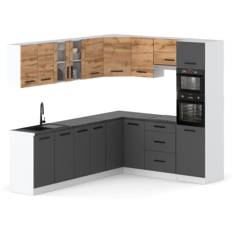 Zestaw Kuchenny Hurtownia-Mebli Z Blatem Kuchnia Marra Narozna 460cm Biały Mat Dąb Wotan/Szary Mat 460x47x145 cm 1szt.