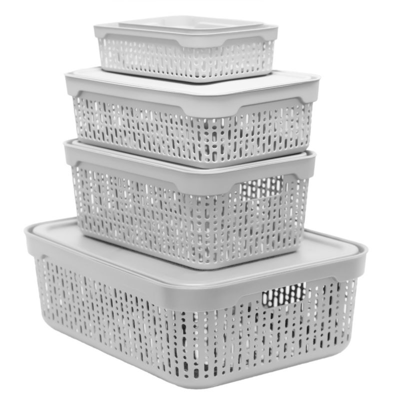 Koszyk EDANTI Zestaw Koszyczków Ażurowych Plastikowych Pojemnik Z Pokrywką Jasnoszary 1 kpl.