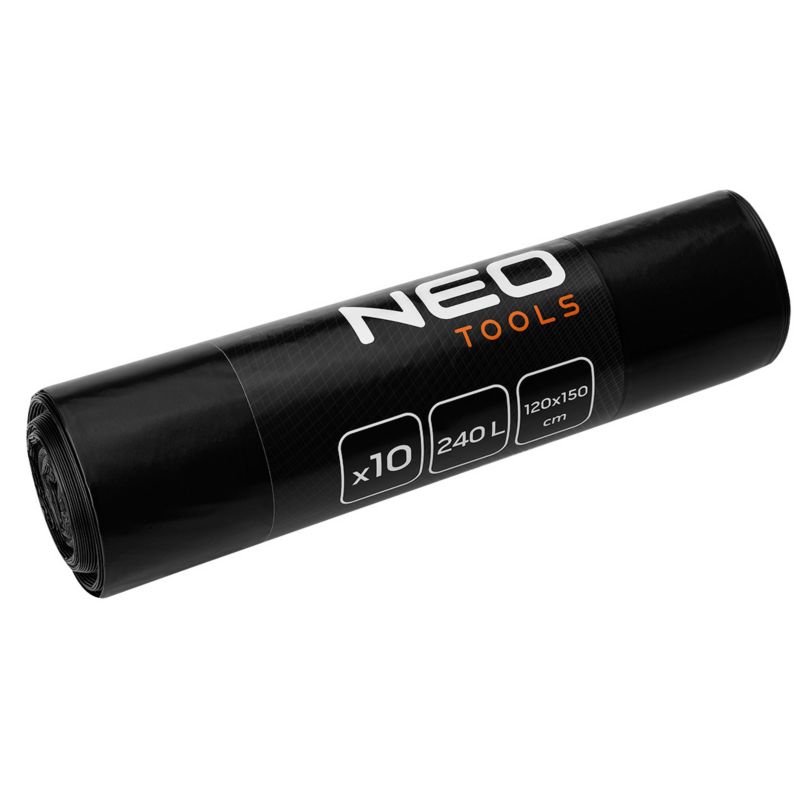 Worki budowlane NEO TOOLS 240 L, czarne, 10 sztuk, 45 mic, 1 kpl