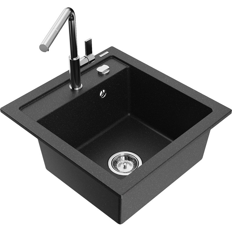 Zlewozmywak granitowy 1-komorowy Mexen Vito z baterią kuchenną Flora czarny/srebrny metalik 6503-73-670401-00