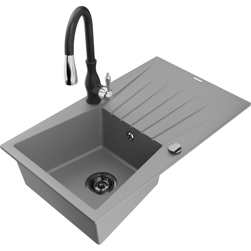 Zlewozmywak granitowy 1-komorowy Mexen Cesar z ociekaczem i baterią kuchenną Savita szary - 6514-71-672601-71 1 szt.
