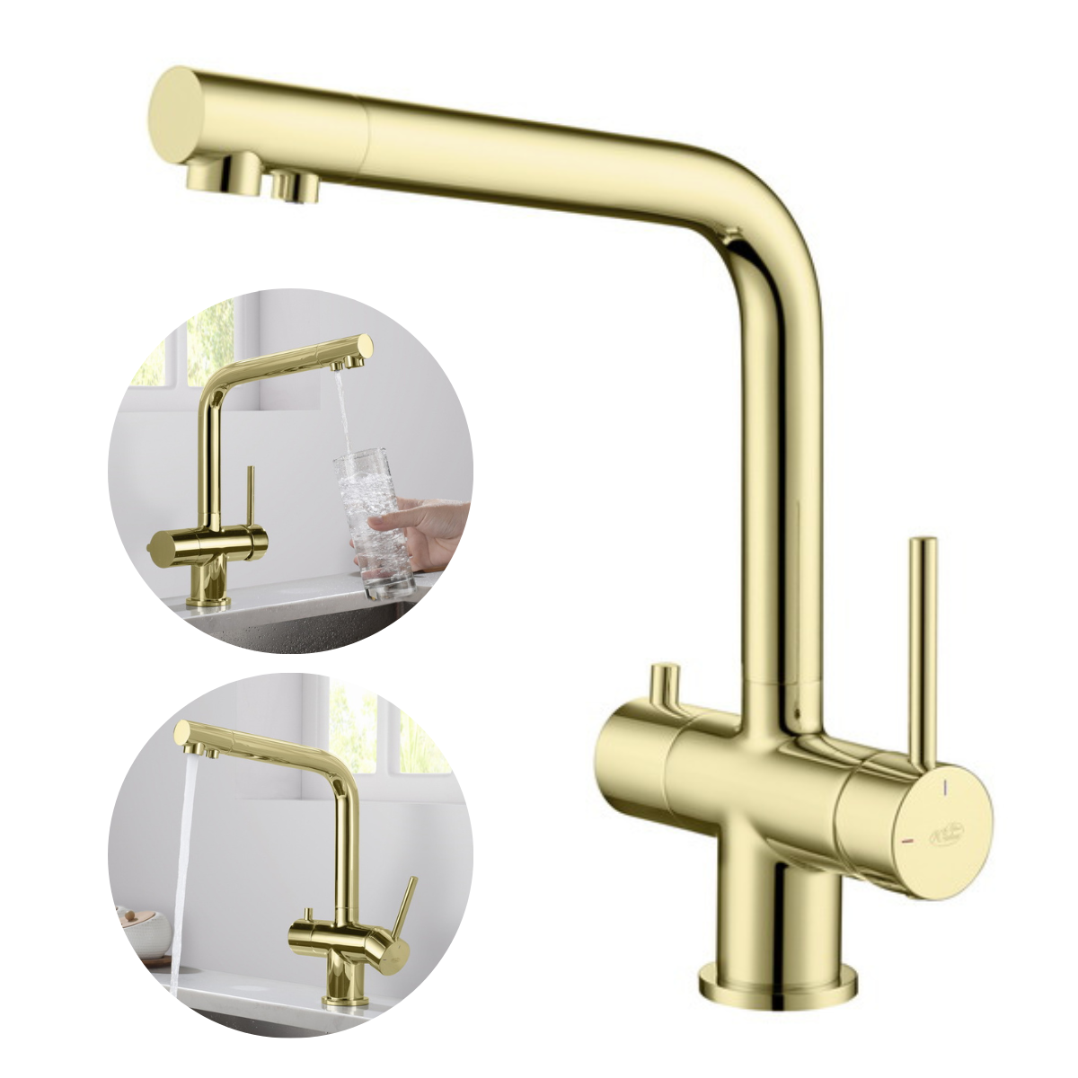 Blue Water Crystal złota bateria czterodrożna z możliwością podłączenia 2 rodzajów wody filtrowanej i wody bieżącej. Kran wody filtrowanej.