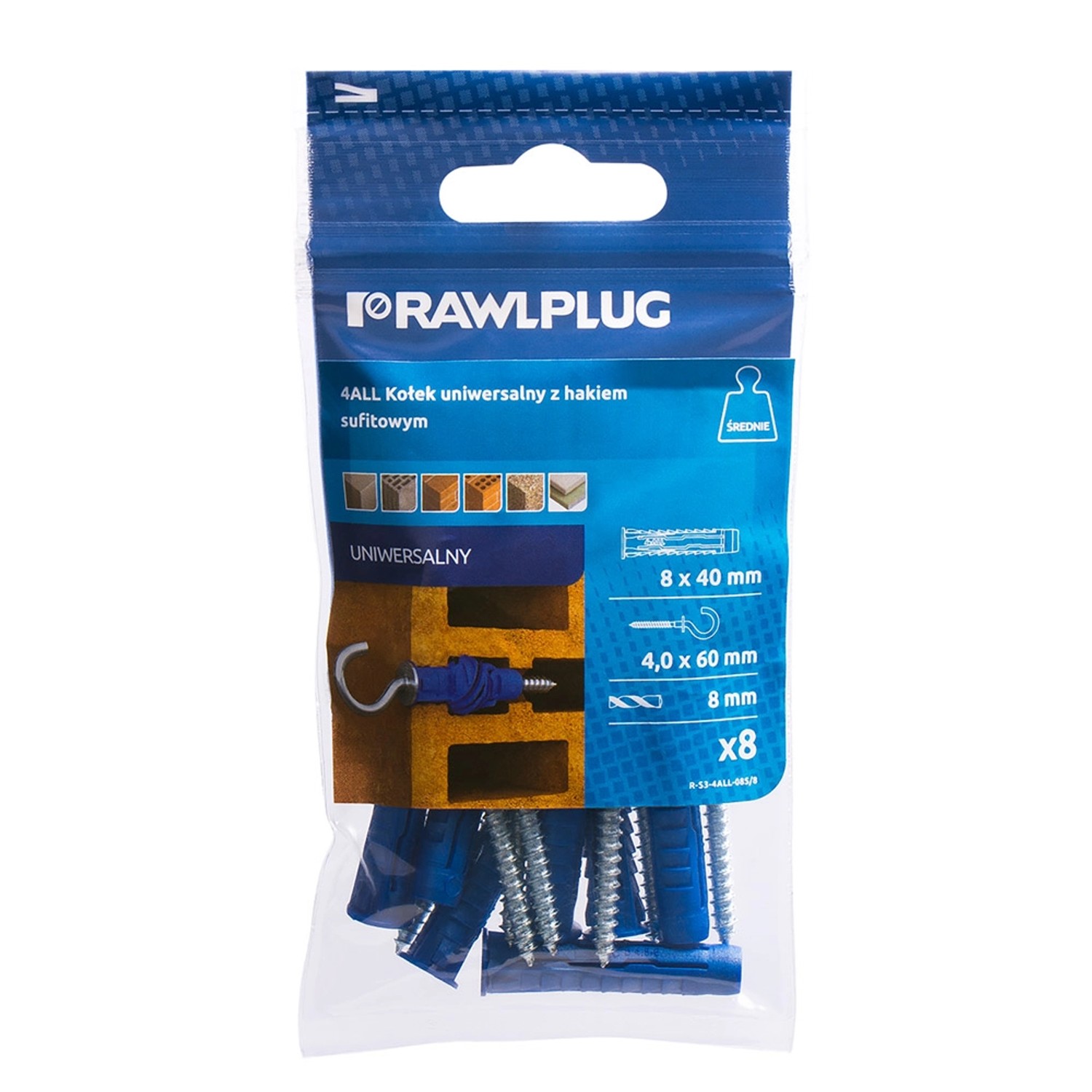 Rawlplug Kołek 4All uniwersalny 8x40mm hak otwarty 8szt.
