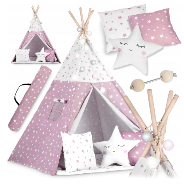 Namiot tipi brudny róż + poduszki + światełka AL