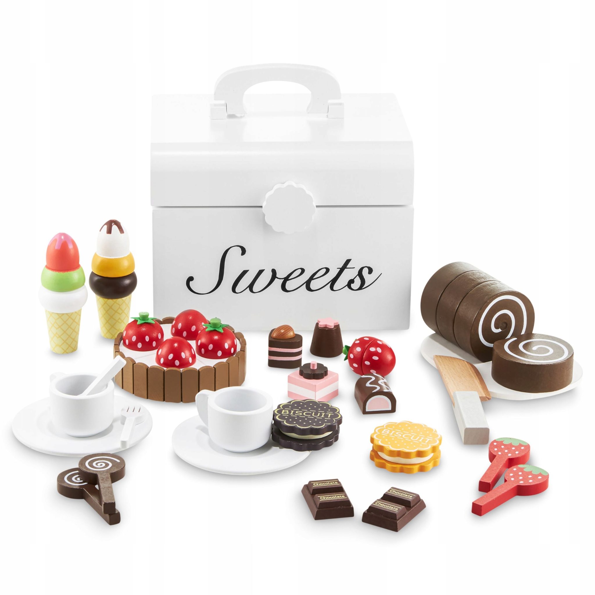 Drewniana skrzynka ze słodyczami do krojenia, cukiernia AL