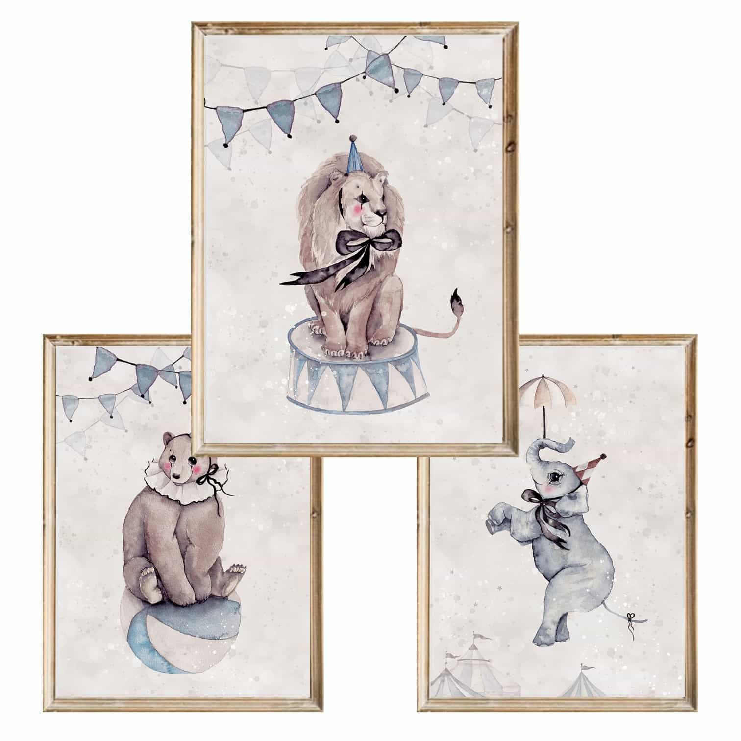 Zestaw trzech plakatów dla dzieci Baśniowy Cyrk Miś Słonik i Lew - A3