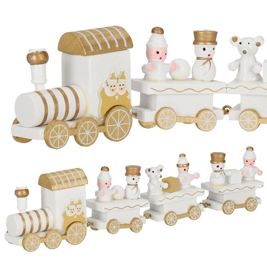 Świąteczny drewniany pociąg z wagonikami w bieli i złocie spring