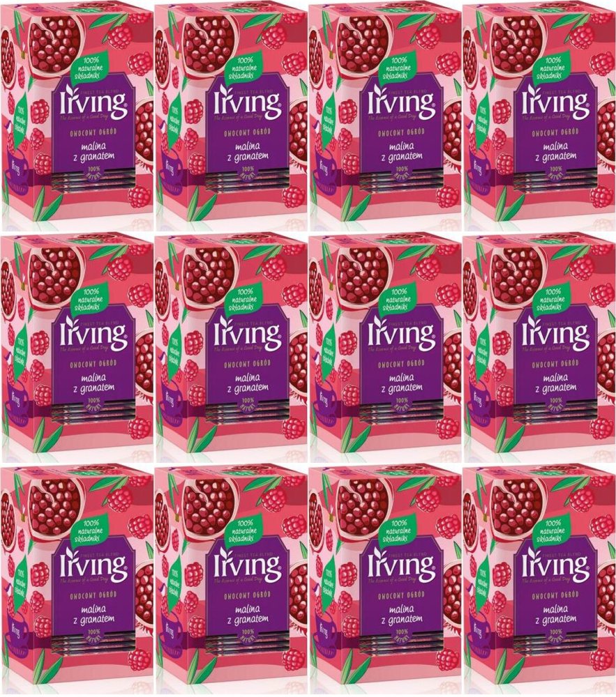 12x Herbata owocowa w kopertach Irving, malina z granatem, 20 sztuk x 2g