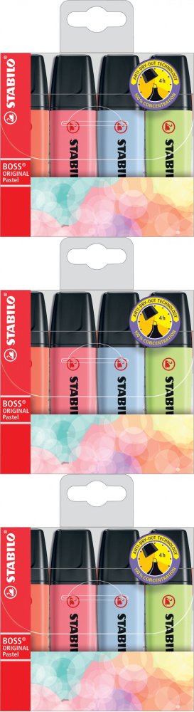 3x Zakreślacz Stabilo, Boss Original, ścięta, 4 sztuki, mix nowych kolorów pastelowych