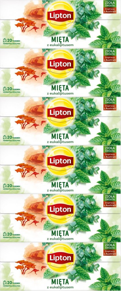 6x Herbata ziołowa w torebkach Lipton Zioła Świata, mięta z eukaliptusem, 20 sztuk x 1.3g