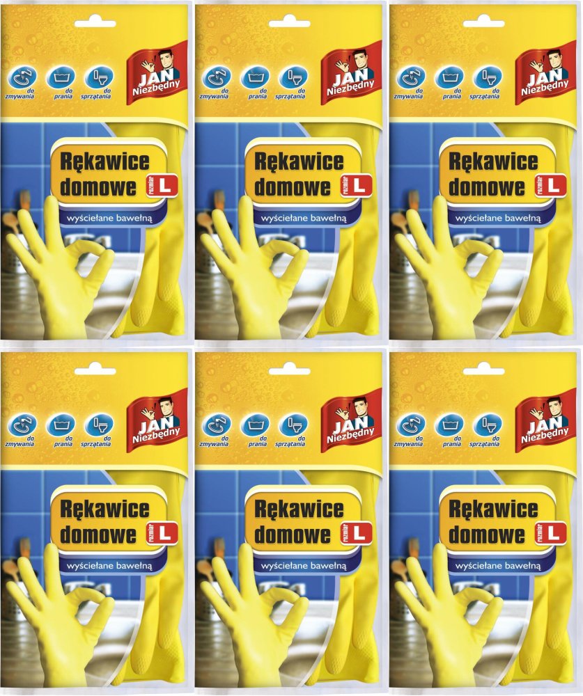 6x Rękawice lateksowe domowe Jan Niezbędny, wyściełane bawełną, rozmiar L, 1 para, mix kolorów