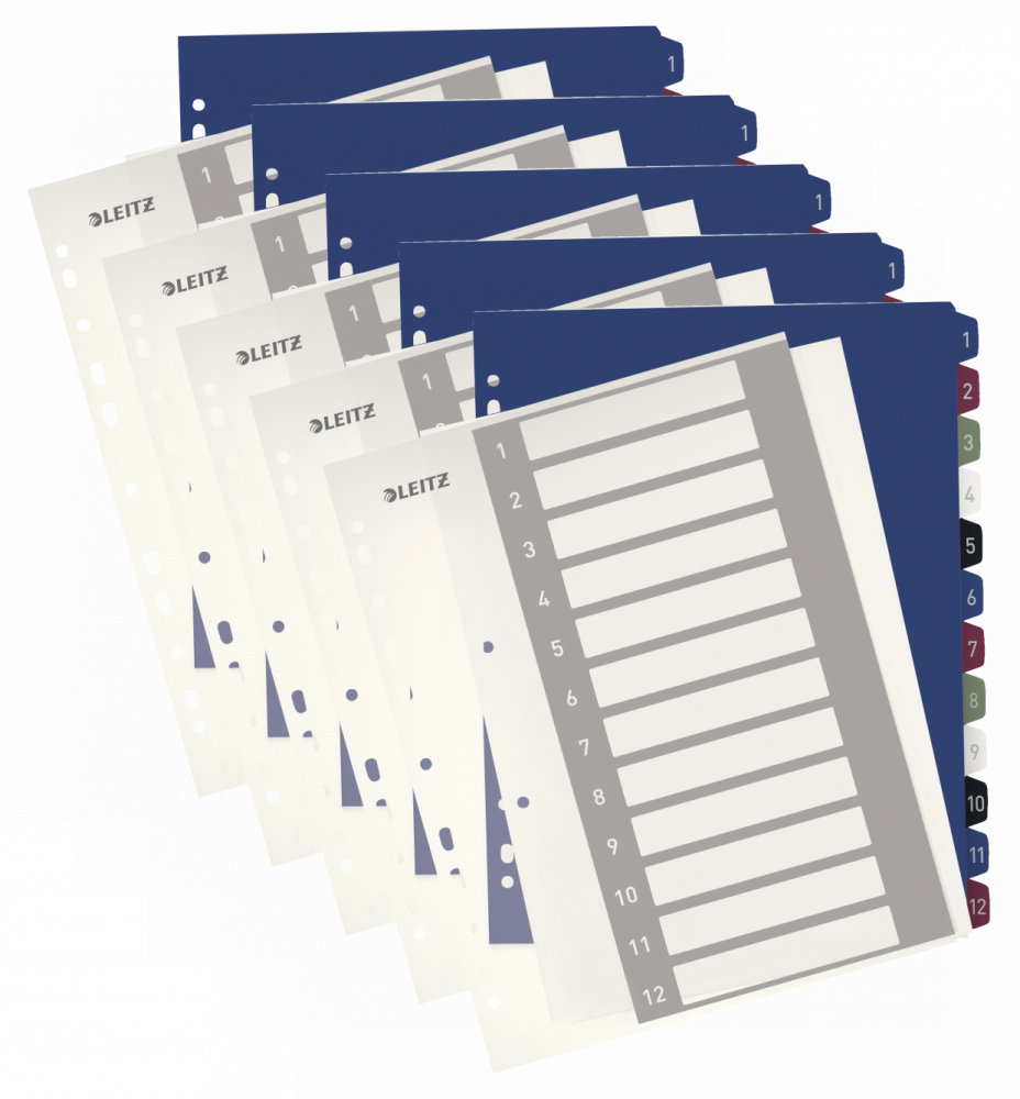 5x Przekładki do segregatora Leitz Style, plastikowe, numeryczne, do zadruku, A4+, 1-12 kart