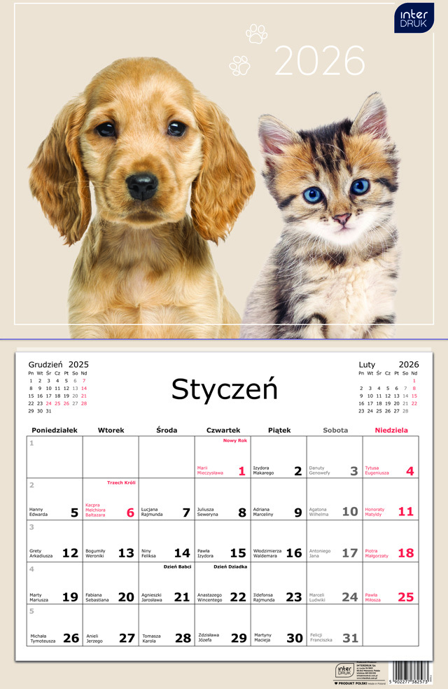 Kalendarz ścienny 2026, Interdruk, jednodzielny, 32x50cm, Zwierzaki