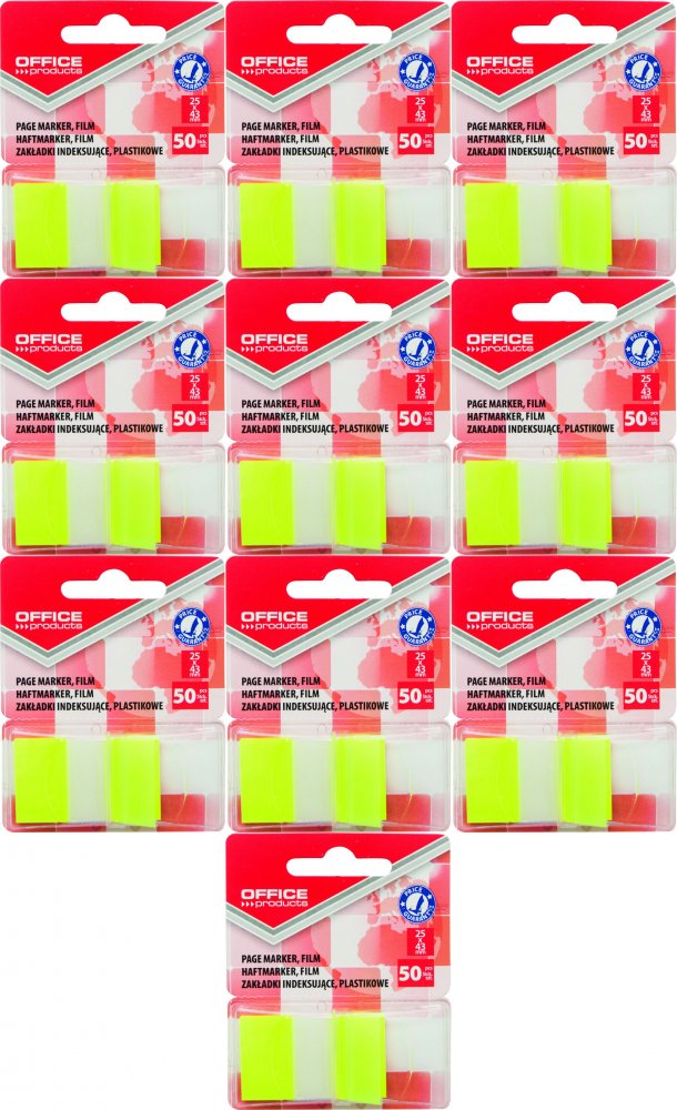 10x Zakładki samoprzylepne Office Products, indeksujące, folia PP, 25x43mm, 1x50 sztuk, żółty