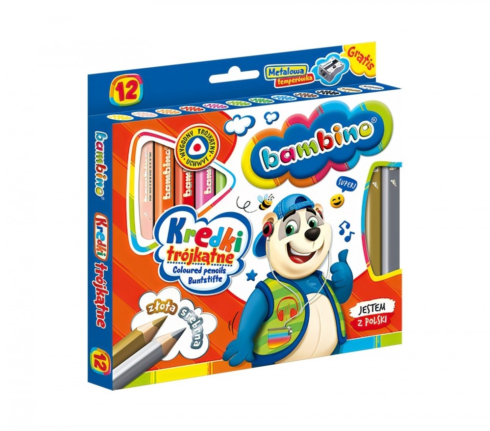 Kredki Bambino Zwierzaki Uczniaki, w oprawie drewnianej, trójkątne, 12 sztuk + temperówka, mix kolorów