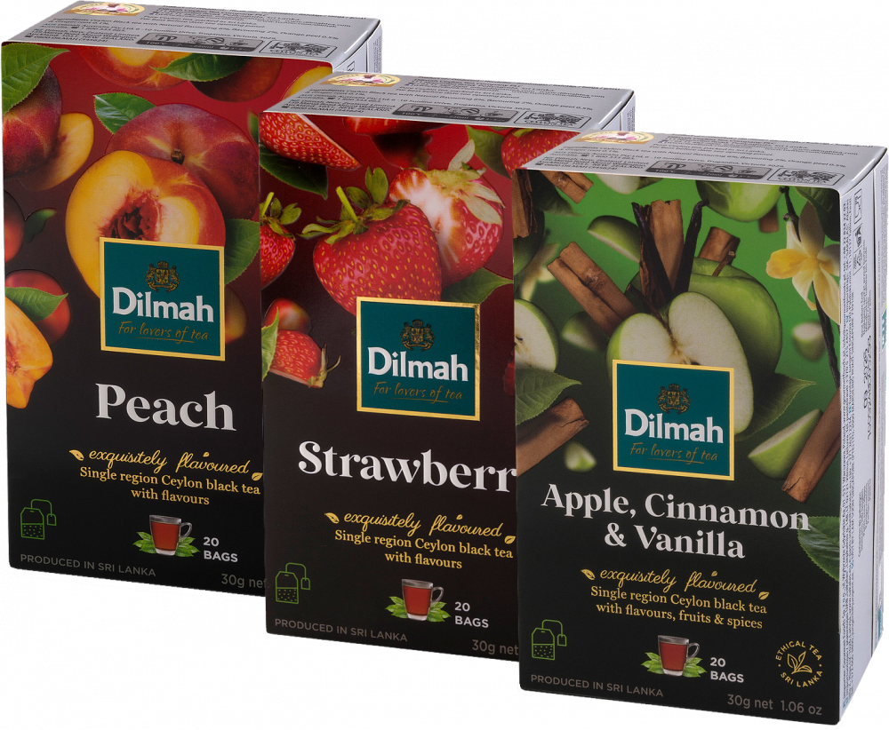 Zestaw 3x Herbata czarna aromatyzowana w torebkach Dilmah 1x truskawka, 1x brzoskwinia, 1x Cinnamon&Vanilla