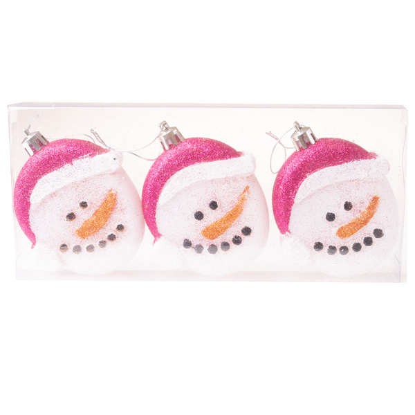 Bombki głowa bałwana różowa czapka 7 cm 3 sztuki