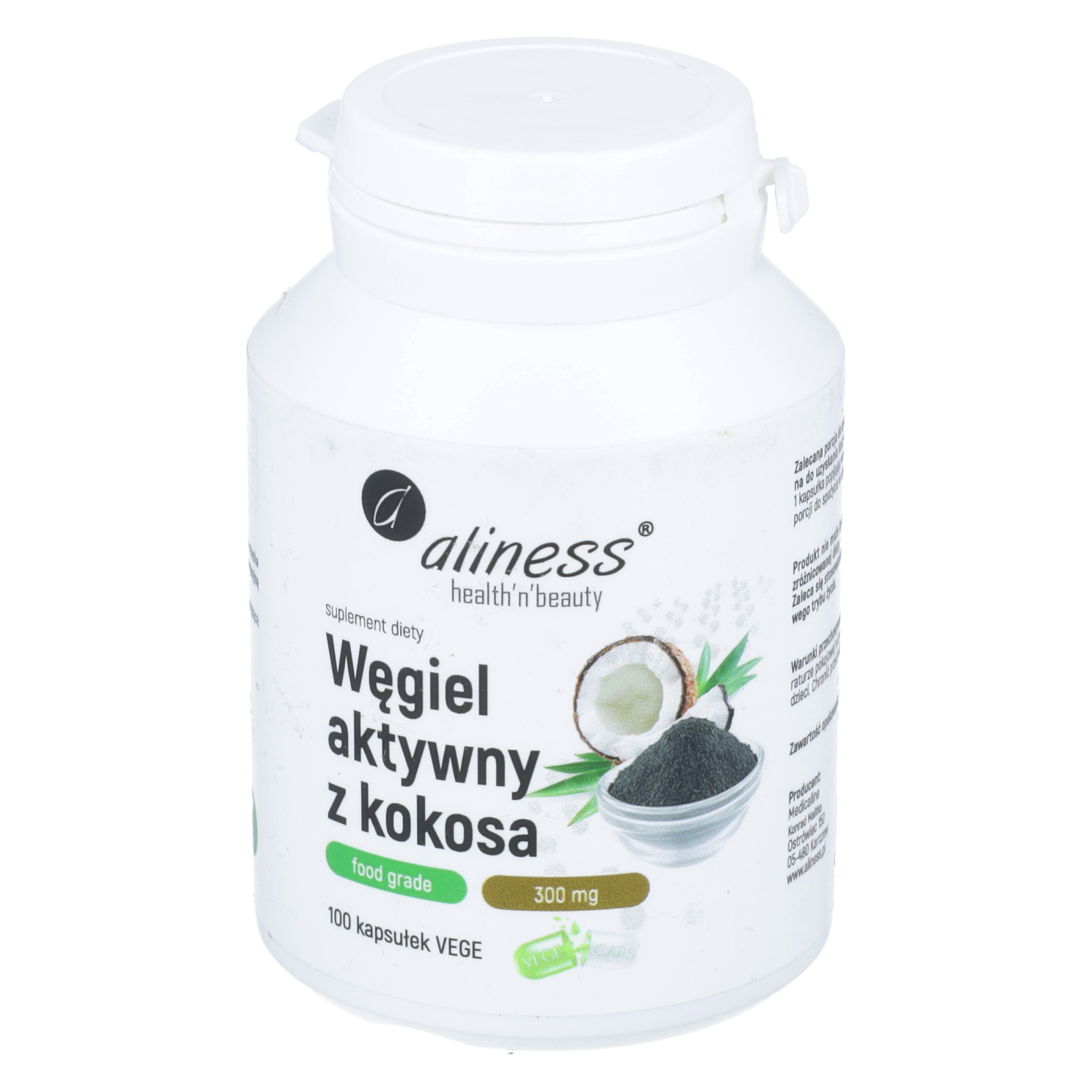 Aliness węgiel aktywny z kokosa, 100 kapsułek