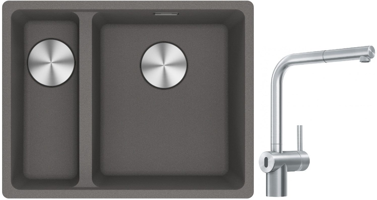 Franke Maris MRG 160-34-15SBL zlewozmywak 52x40 cm Fragranite kamienny szary z baterią kuchenną Atlas Neo Sensor stal szlachetna ...