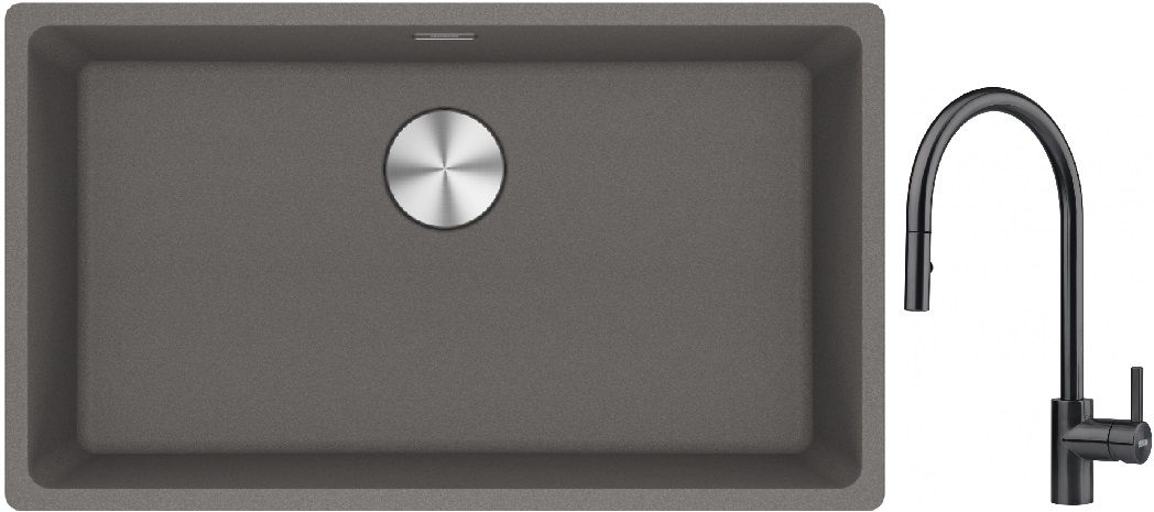Franke Maris MRG 110-72 zlewozmywak 72x40 cm Fragranite kamienny szary z baterią kuchenną Eos czarna stal szlachetna (1250687262, ...