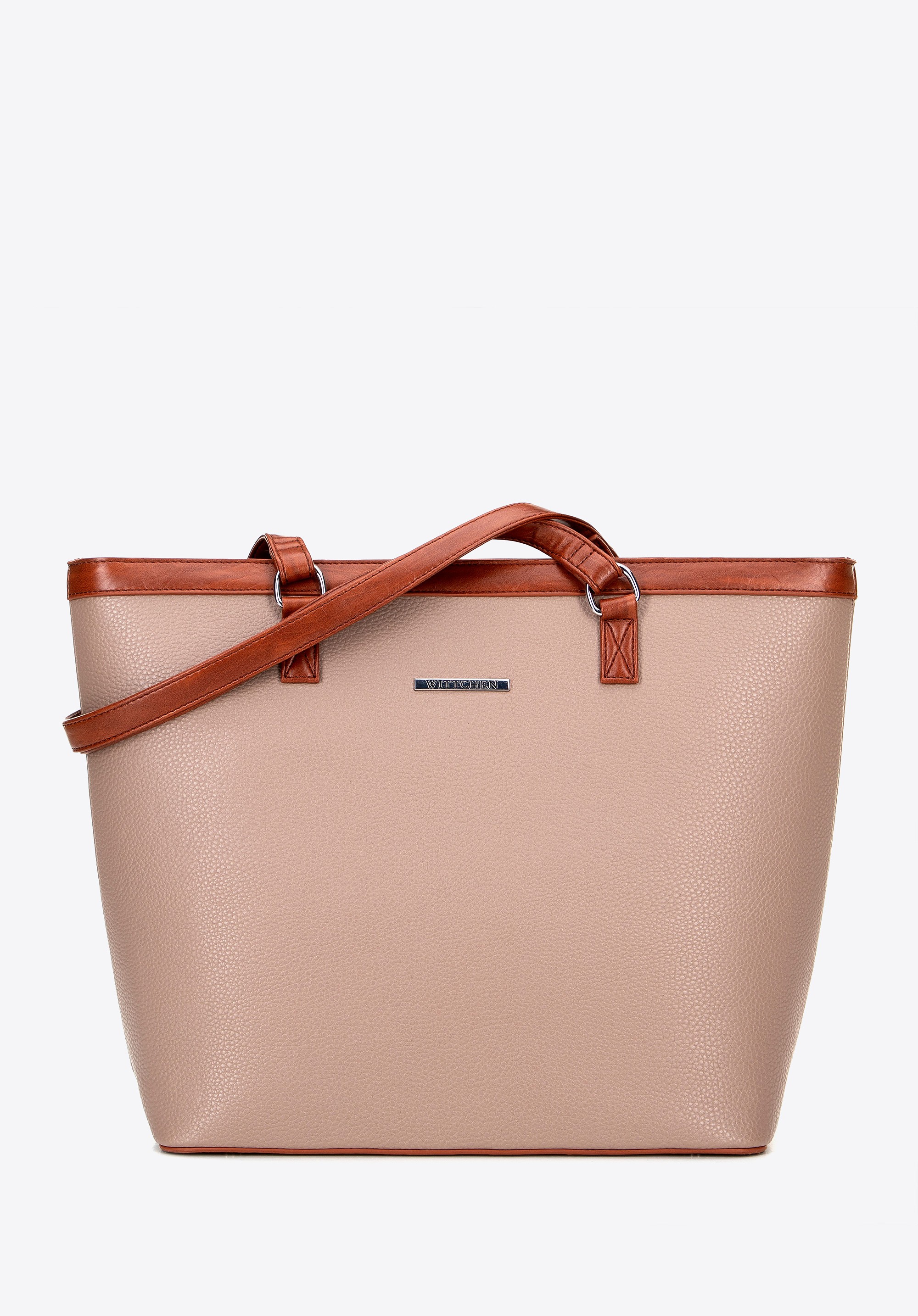 Duża damska shopperka z ekoskóry beżowo - brązowa