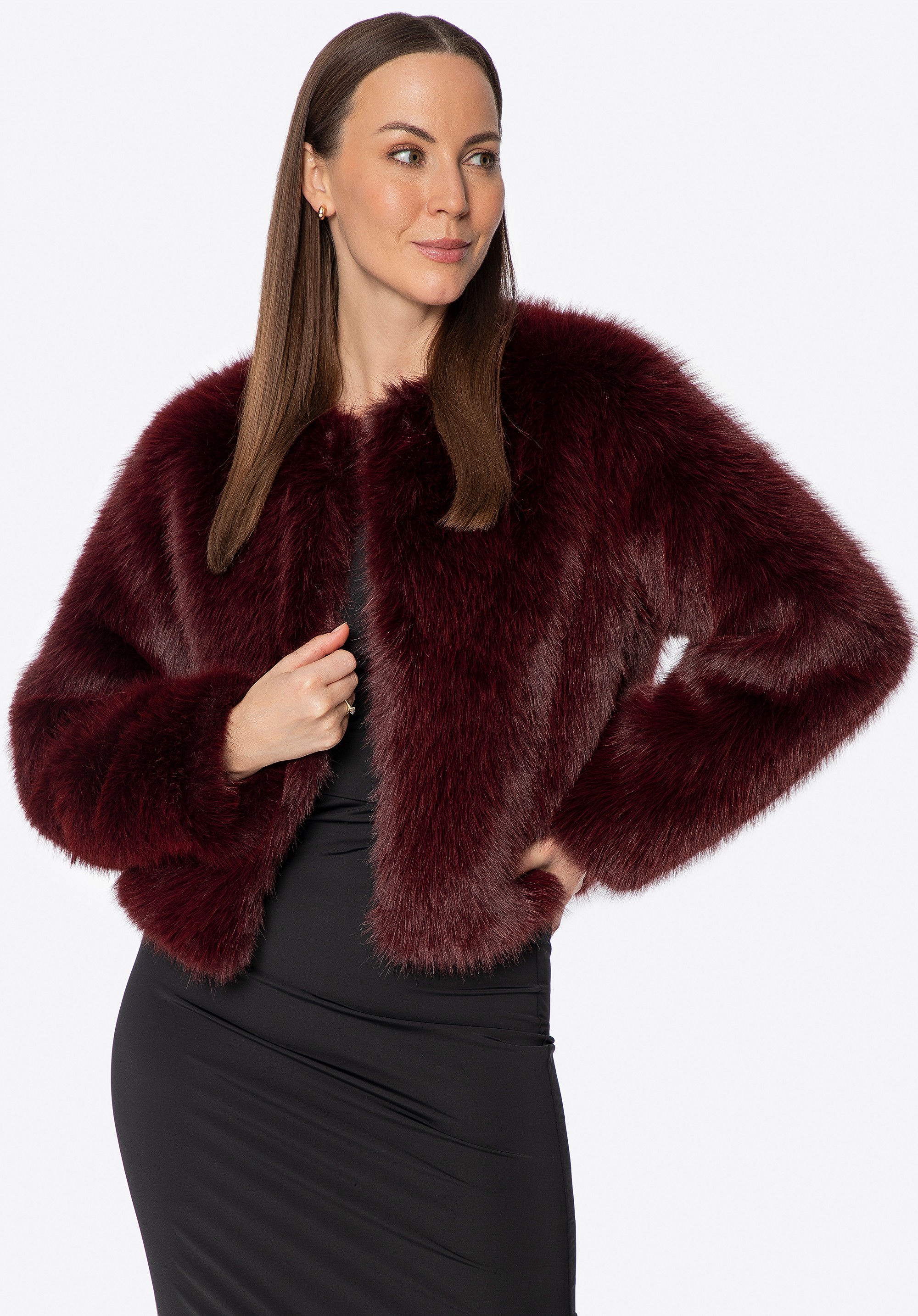 Krótka kurtka damska ze sztucznego futra bordowa