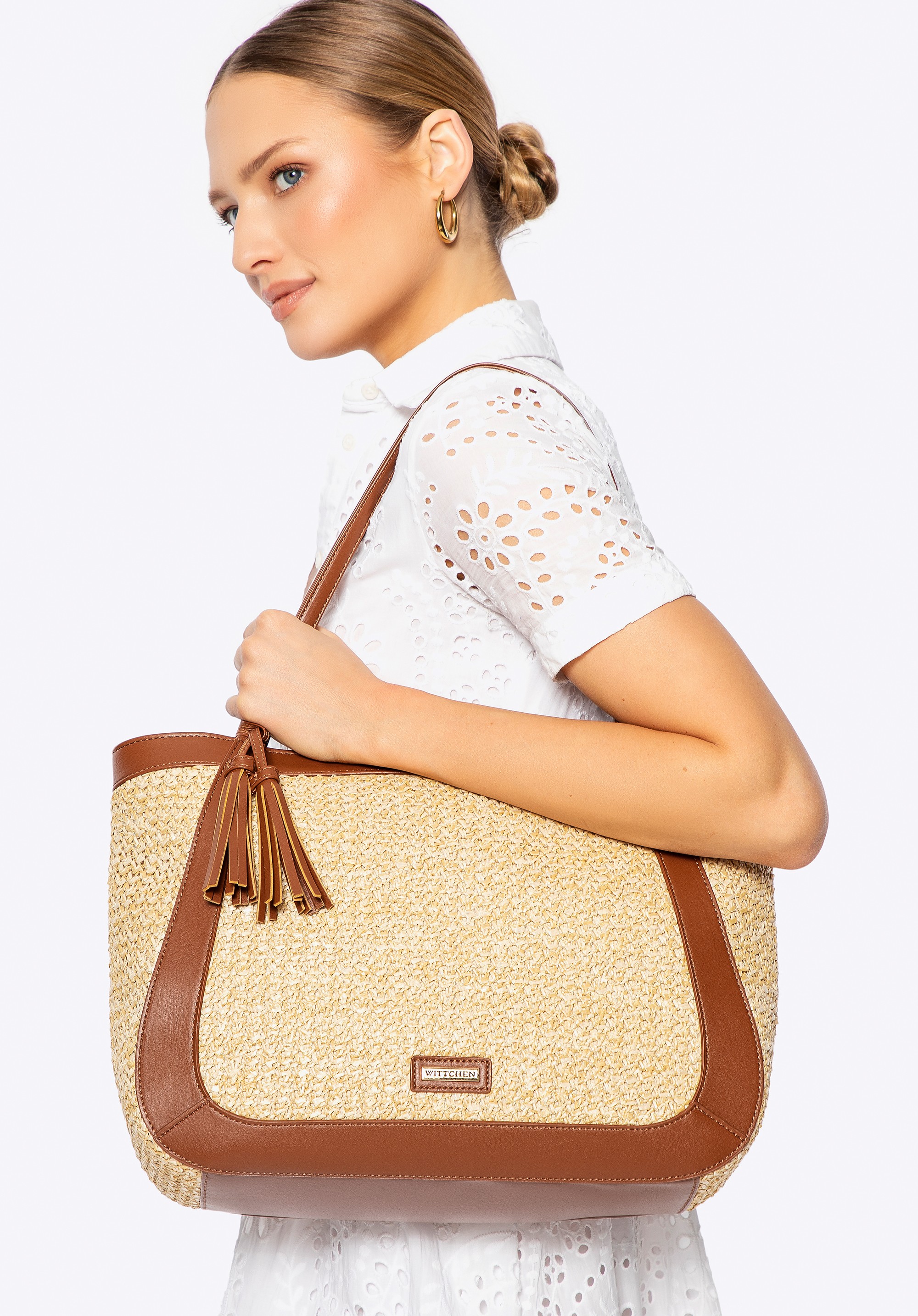 Damska shopperka z ekoskóry i plecionki beżowo - brązowa