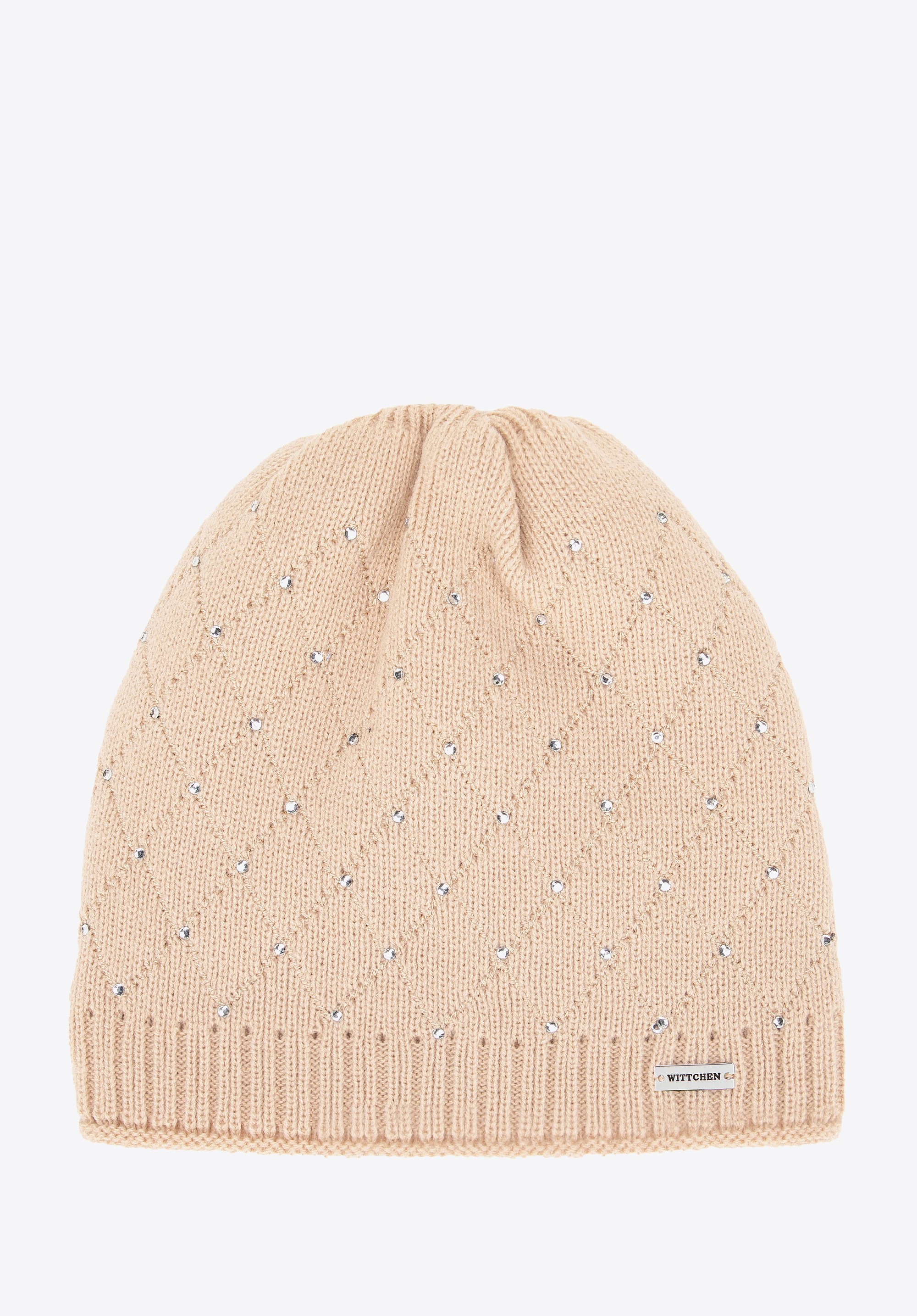 Czapka damska z ozdobnymi cyrkoniami beżowa