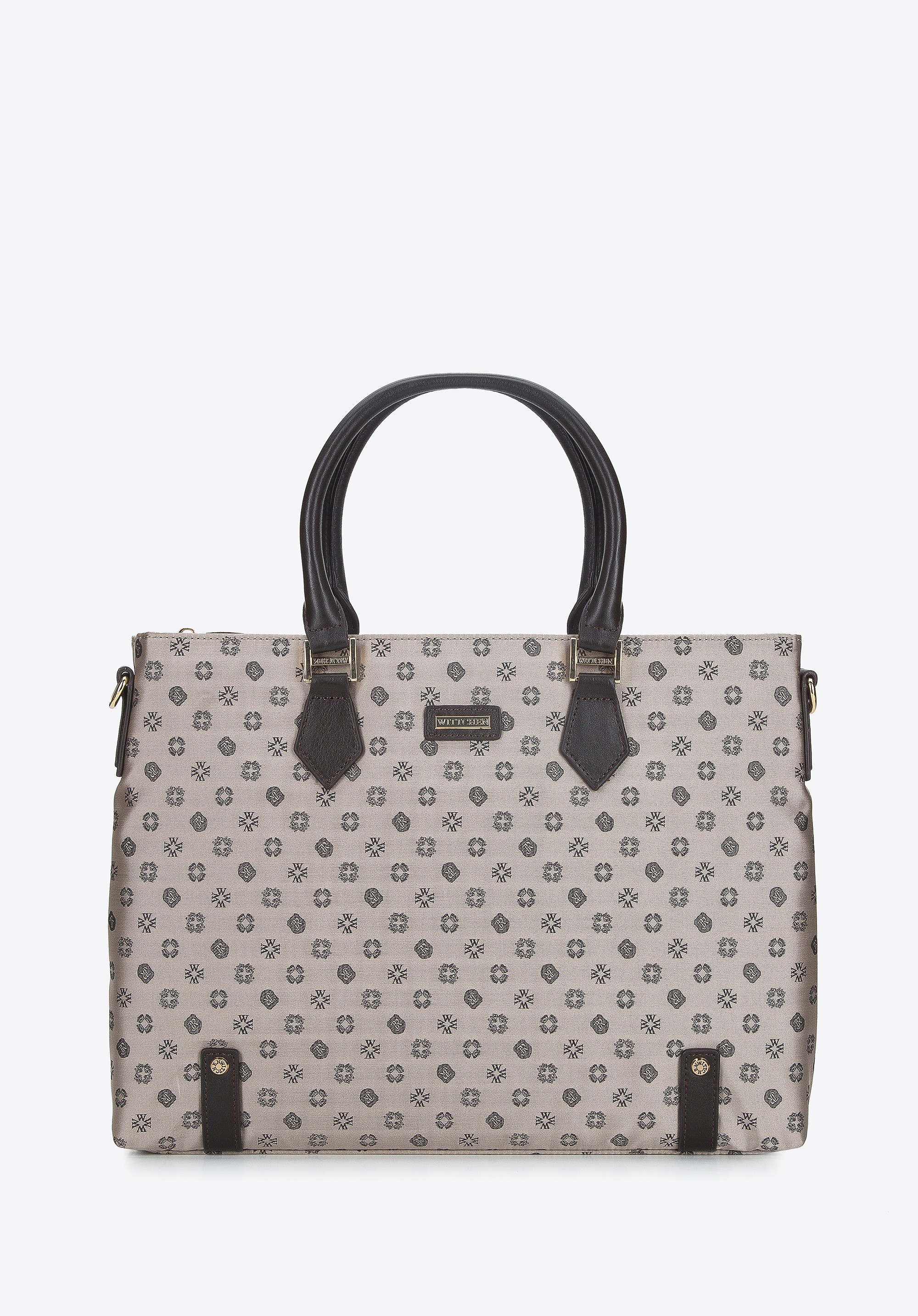 Damska torba na laptopa 12” z żakardu z opaskami ze skóry beżowa