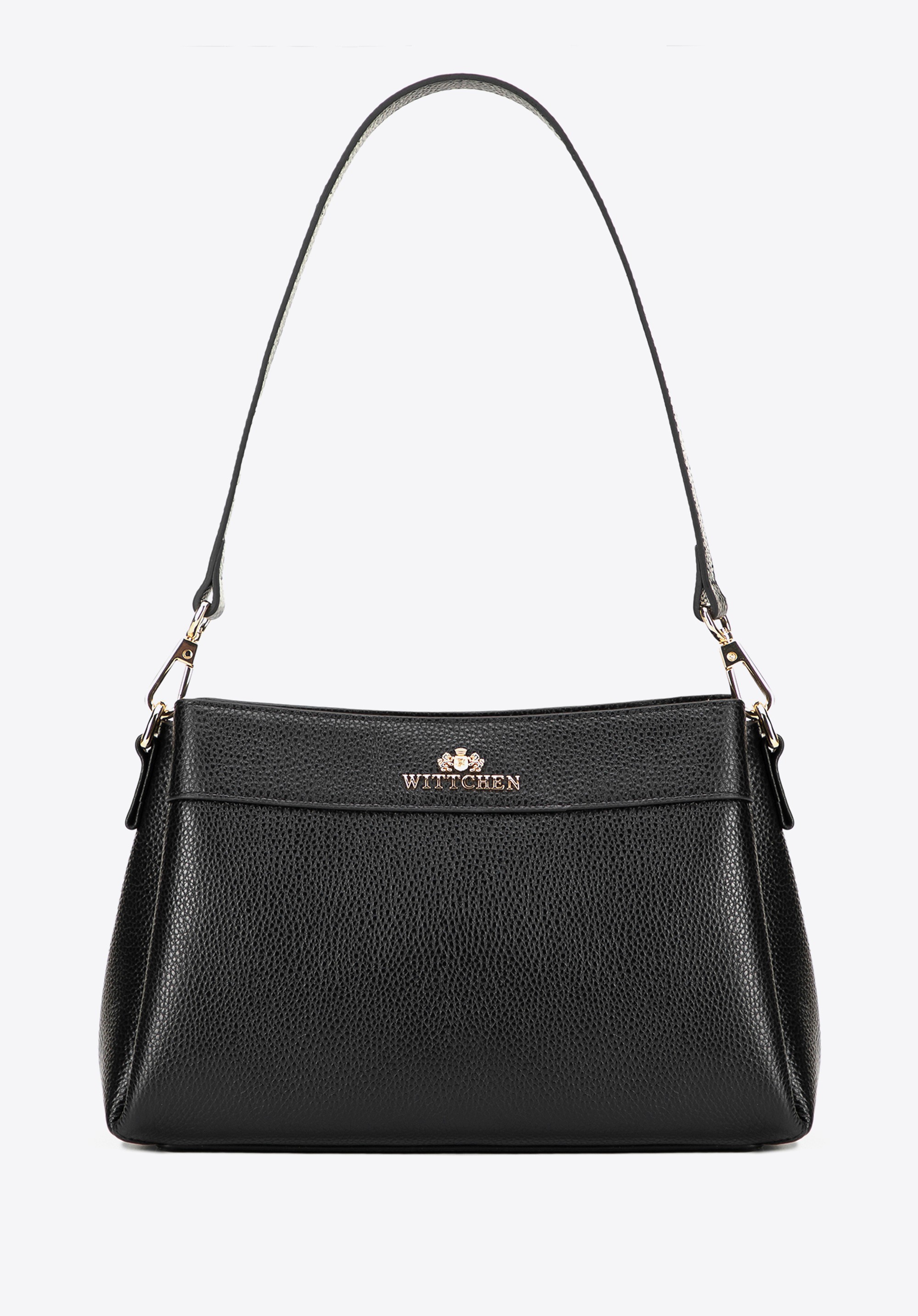 Damska listonoszka ze skóry naturalnej trapezowa czarno - złota