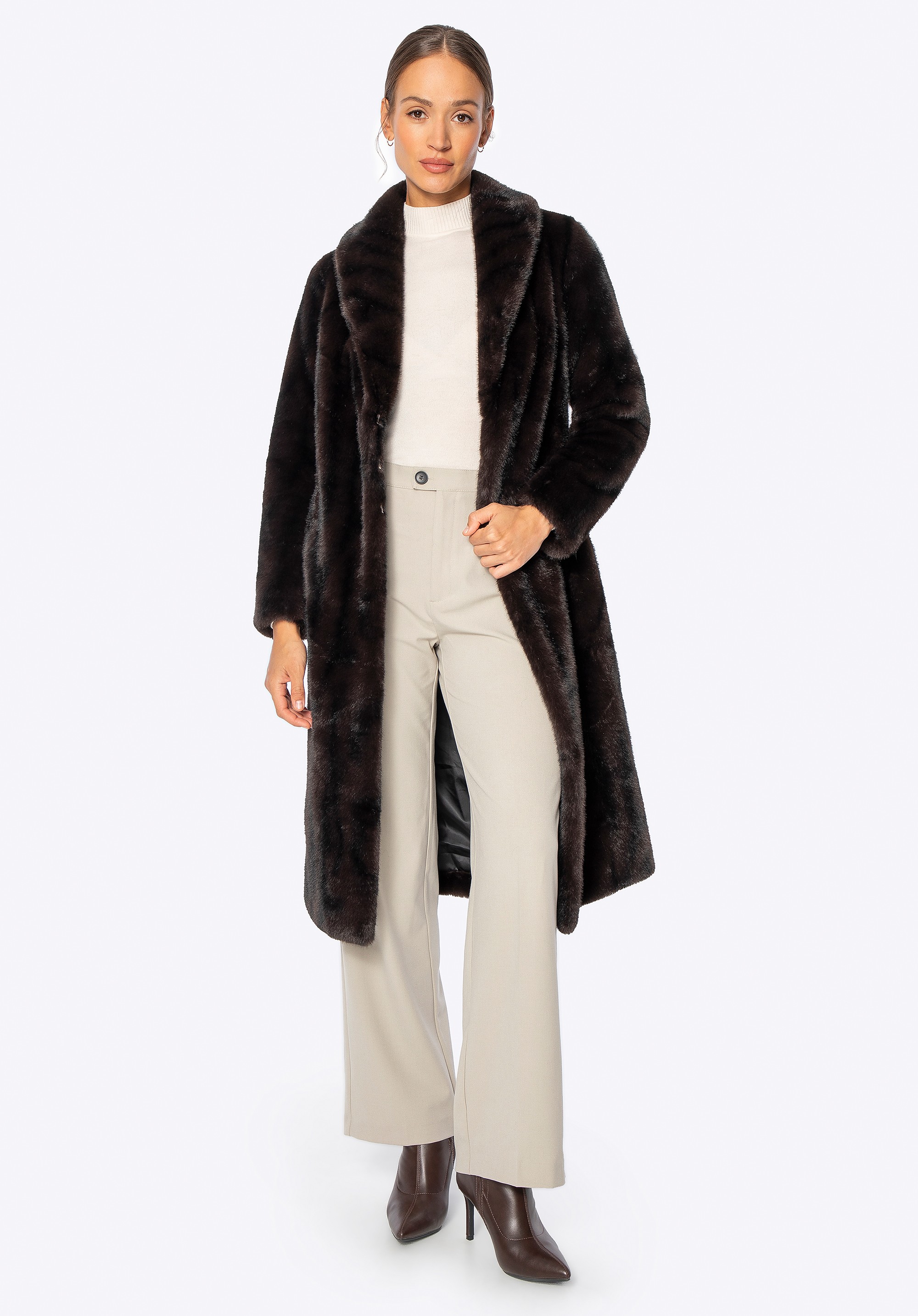 Długi płaszcz ze sztucznego futra ciemny brąz