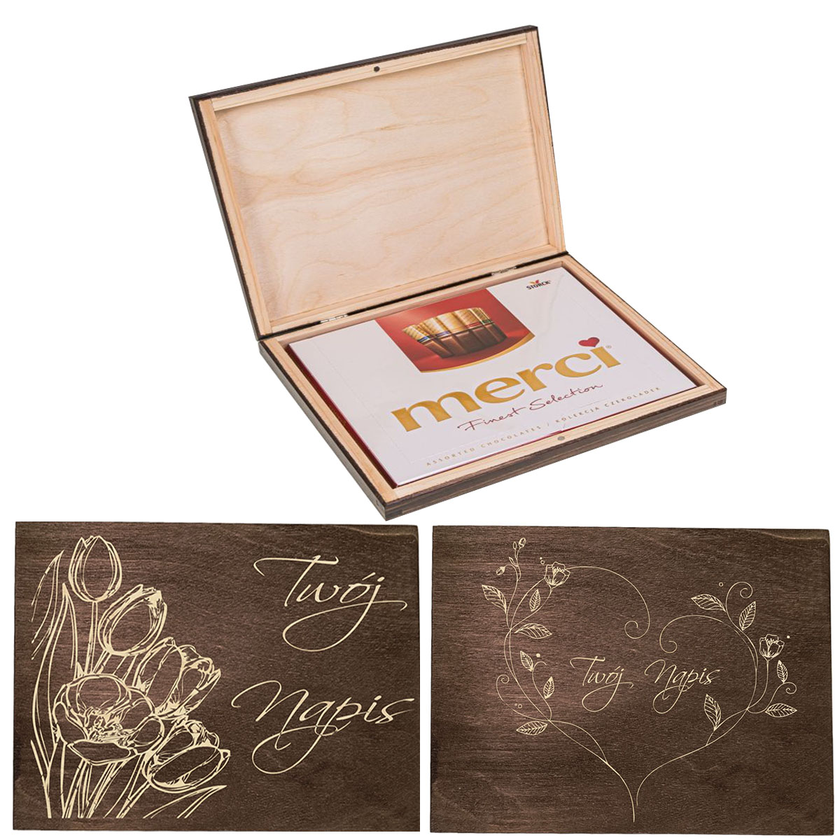 Pudełko na czekoladki Merci prezent dla pracownika Emerytura twój napis grawer brąz
