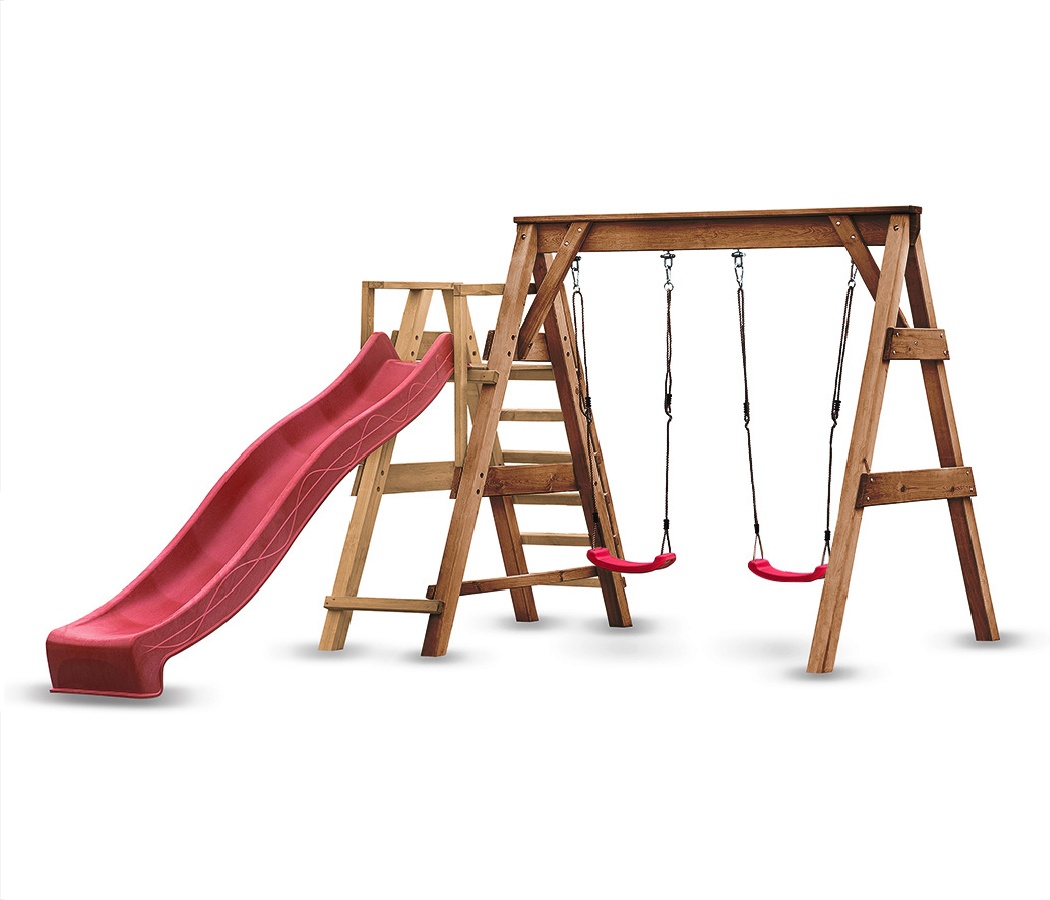 Huśtawka | Alicja 2 180 x 270 cm z dwoma siedziskami i zjeżdżalnią - słupki 9x9 cm - kolor BRĄZ