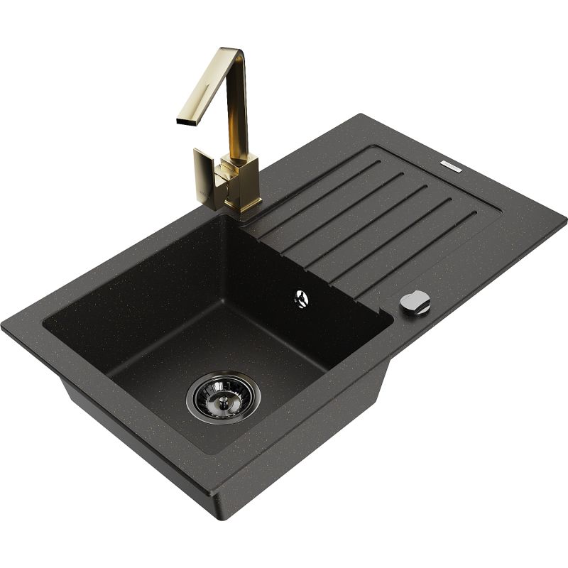 Zlewozmywak granitowy 1-komorowy Mexen Pablo z ociekaczem i baterią kuchenną Rita szary - 6510-71-670300-70-B 1 szt.