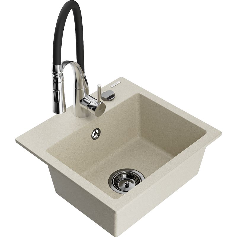 Zlewozmywak granitowy 1-komorowy Mexen Milo z baterią kuchenną Aster beżowy 6505-69-73450-07-B
