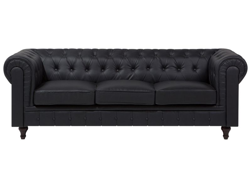 Sofa 3-osobowa ekoskóra duża czarna Chesterfield 1 szt.