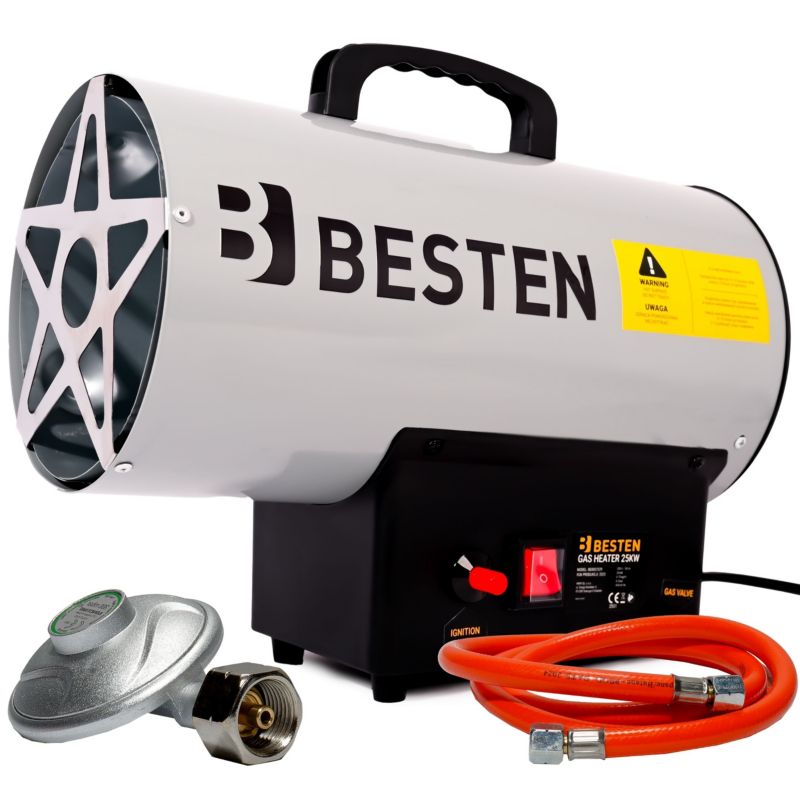 Nagrzewnica gazowa BESTEN BE0002529 25 kW przepływ 410 m3/h reduktor i wąż w zestawie 1 szt.
