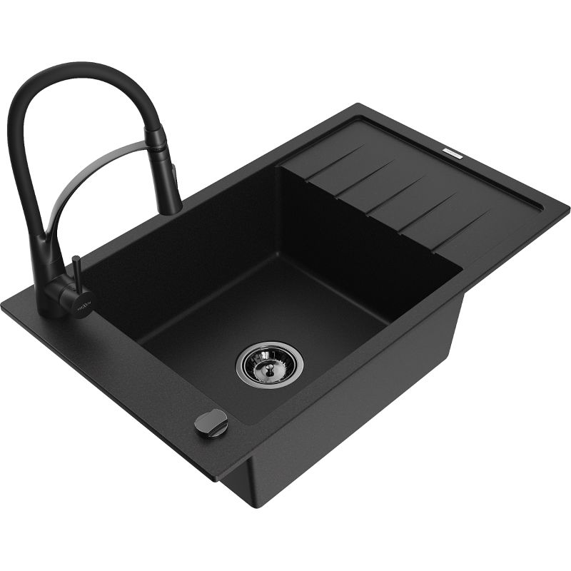 Zlewozmywak granitowy 1-komorowy Mexen Elias z ociekaczem i baterią kuchenną Aster czarny nakrapiany - 6511-76-73450-57-G 1 szt.