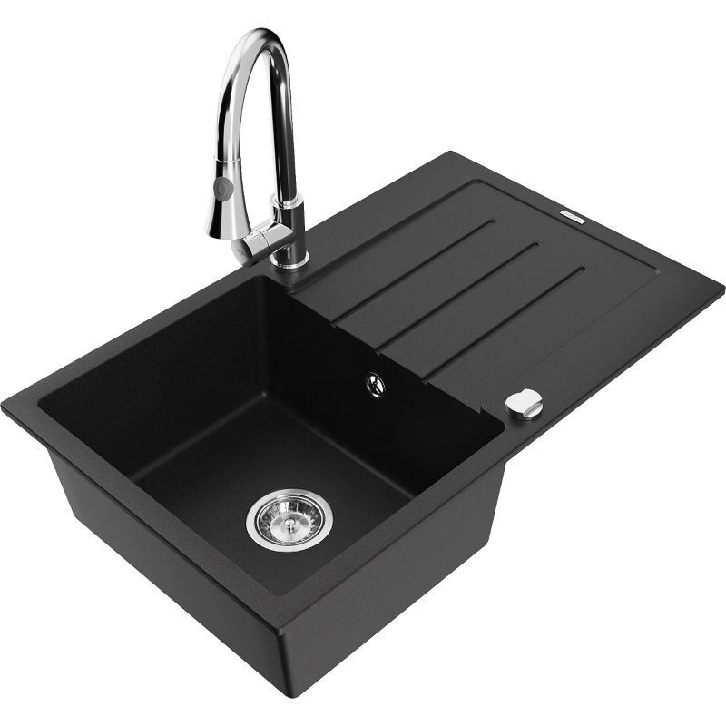 Zlewozmywak granitowy 1-komorowy Mexen Bruno z ociekaczem i baterią kuchenną Elia czarny 6513-77-670101-00
