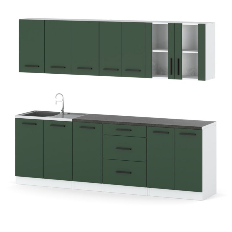 Zestaw Kuchenny Hurtownia-Mebli Z Blatem Kuchnia Remino 260cm Biały Mat Butelkowa Zieleń 260x47x145 cm 1szt.