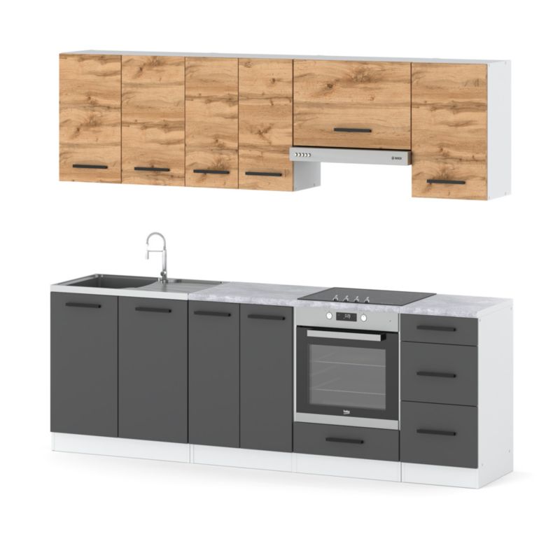 Zestaw Kuchenny Hurtownia-Mebli Z Blatem Kuchnia Mokka Plus 240cm Biały Mat Dąb Wotan/Szary Mat 240x47x145 cm 1szt.