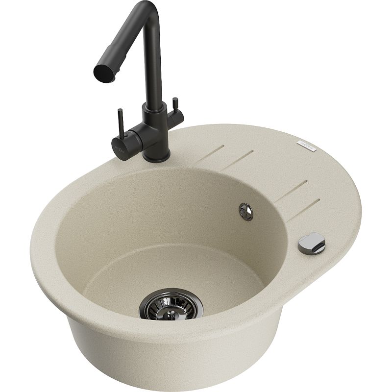 Zlewozmywak granitowy 1-komorowy Mexen Kevin z ociekaczem i baterią kuchenną Duero biały - 6517-20-671600-70 1 szt.